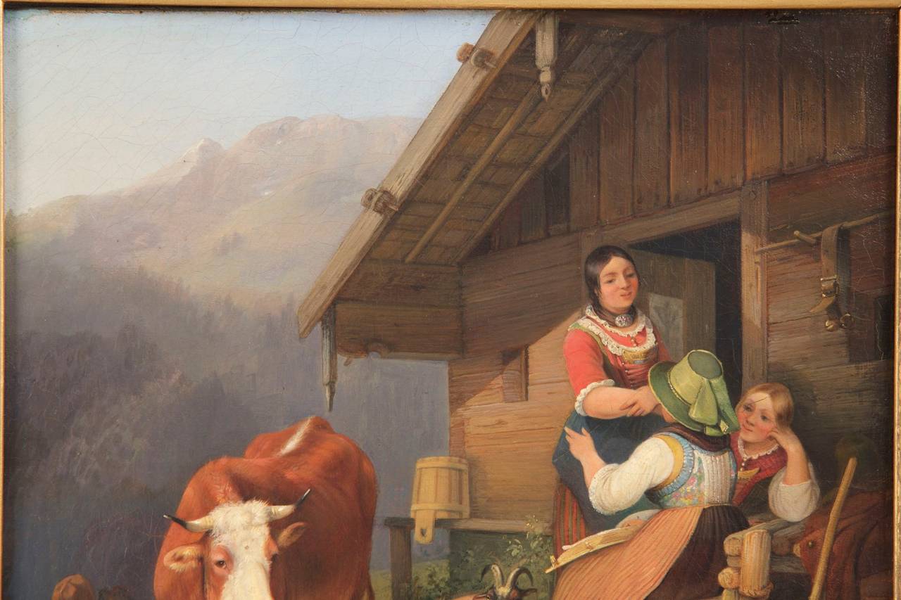 A very finely detailed work that simply glows with it's warm tones and bright palette, the work is a moving glimpse into Alpine living during the mid-19th Century.  The cow and goat are particularly noteworthy in their anatomical realism - the