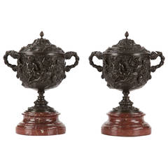 Pair of Napoleon III Style Patinated and Rouge Marble Urns, 19th Century
