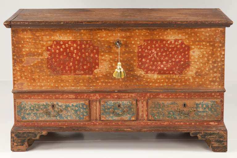 This absolute jewel remains in nearly pristine condition, retaining a very early and almost certainly original painted surface with untouched structure and rugged charm. Crafted in Pennsylvania, the style of the hinges and drawer construction
