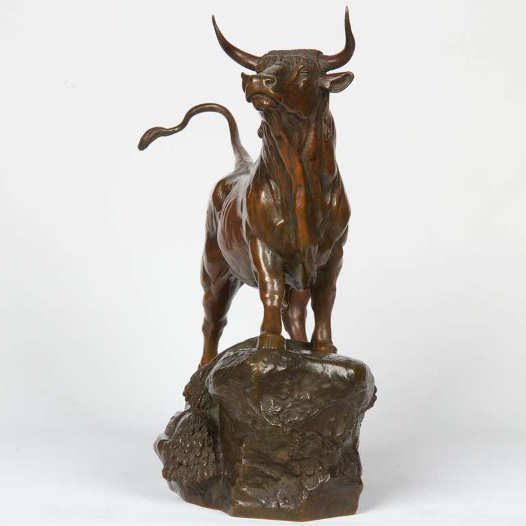 AUGUSTE CAIN (FRENCH, 1821-1894) BRONZE SCULPTURE OF A BULL
Monogrammed 