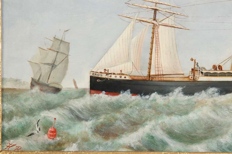 19th Century Nautical Oil Painting on Panel of British Steamboat and Ships 1