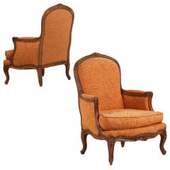 Pair of French Louis XV Style Bergeres Arm Chairs, Mid 19th Century