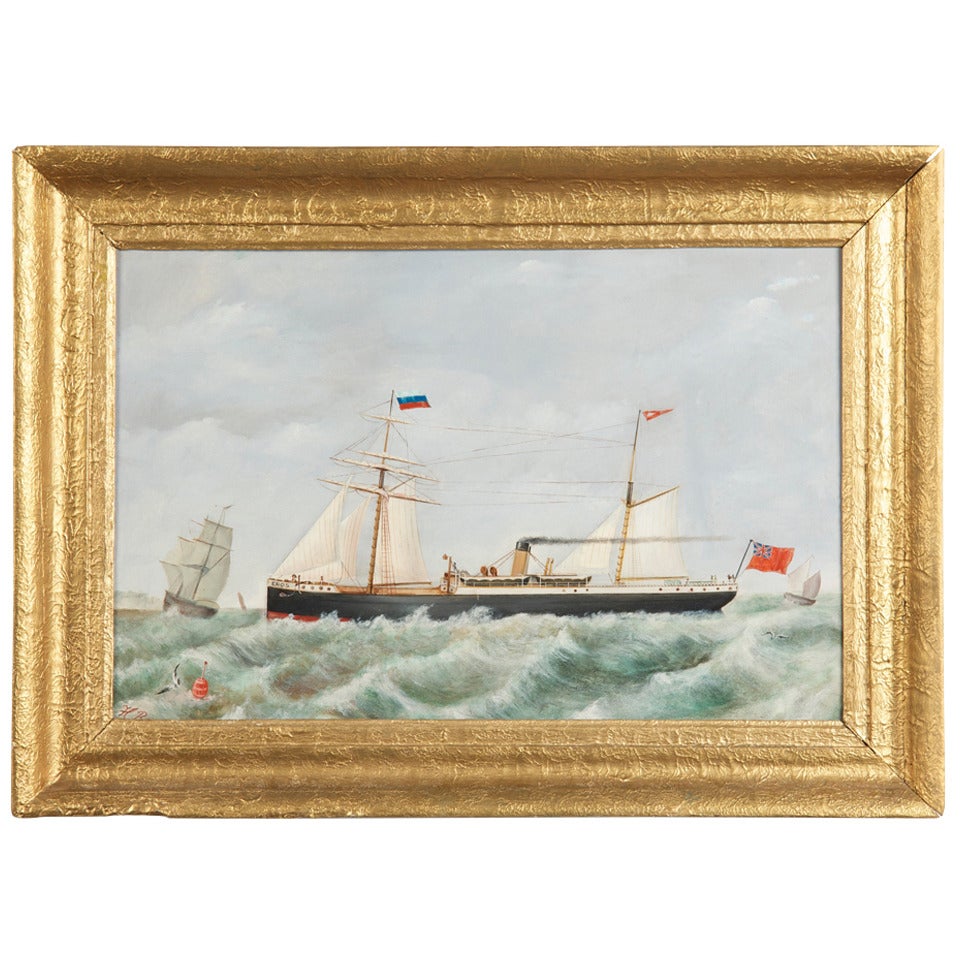 19th Century Nautical Oil Painting on Panel of British Steamboat and Ships