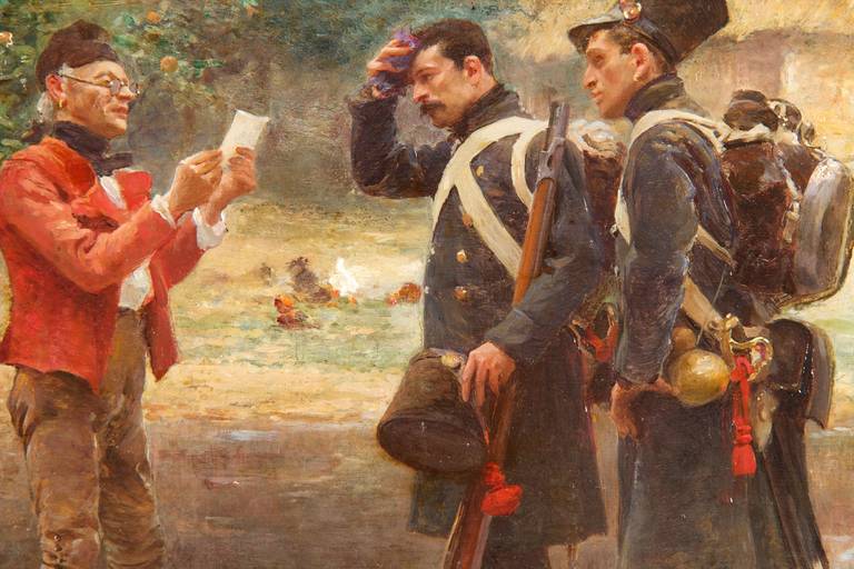 Romantic Julien Le Blant Military Oil Painting on Panel of Soldiers