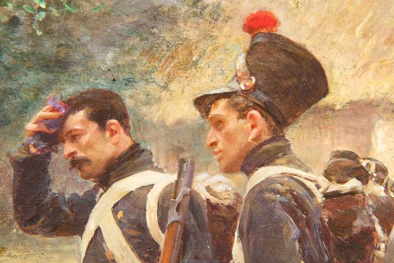 19th Century Julien Le Blant Military Oil Painting on Panel of Soldiers