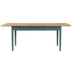 American Scrubbed Top Harvest Table in Early Blue Paint, Mid 19th Century