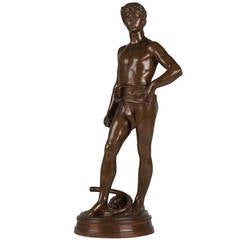 Antique Antonin Mercié Bronze Sculpture of David Avant le Combat, Barbedienne