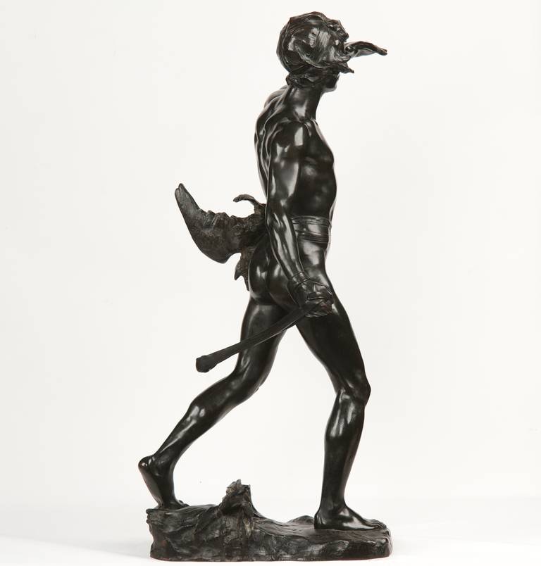 Romantic Maurice Bouval French Bronze Sculpture of Hunter, Goldscheider Foundry c. 1900