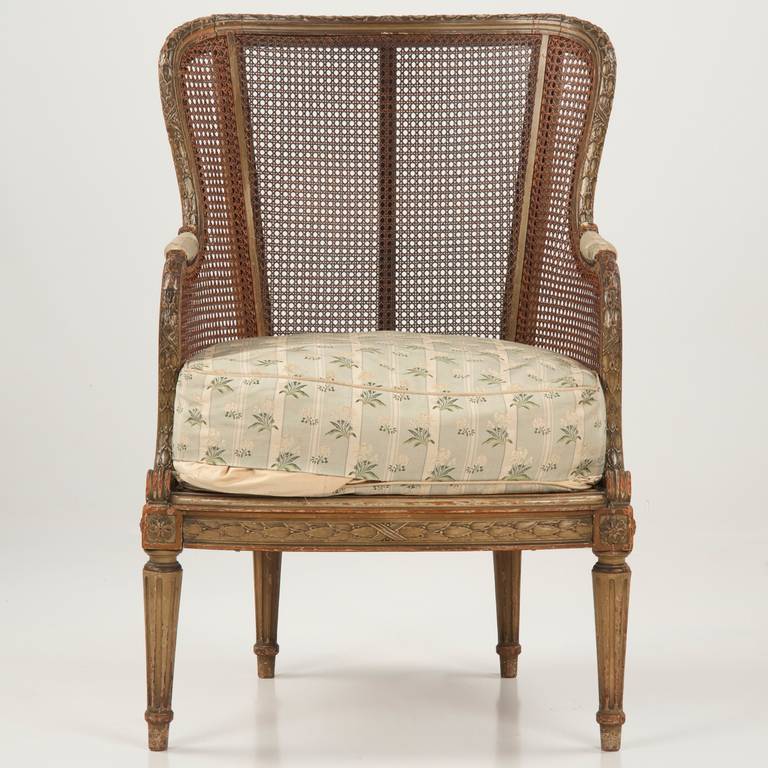 19th Century Finely Carved French Louis XVI Style Antique Bergere Arm Chair c. 1890