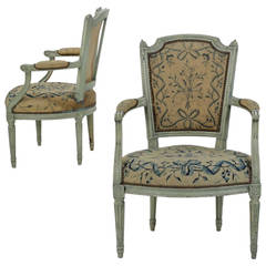 Pair of French Louis XVI Style Painted Antique Fauteuil Armchairs, 19th Century
