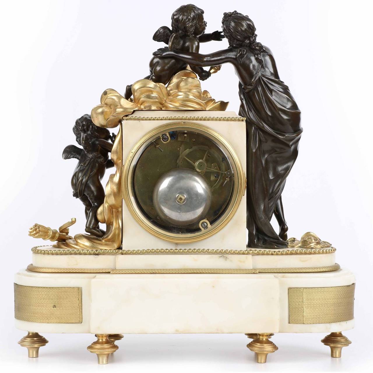 French Louis XVI Bronze and Marble Antique Figural Mantel Clock, 19th Century In Excellent Condition In Shippensburg, PA