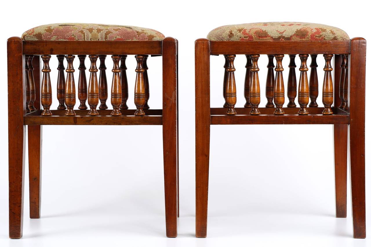 Pair of Edwardian Mahogany Needlepoint Antique Foot Stools, circa 1900