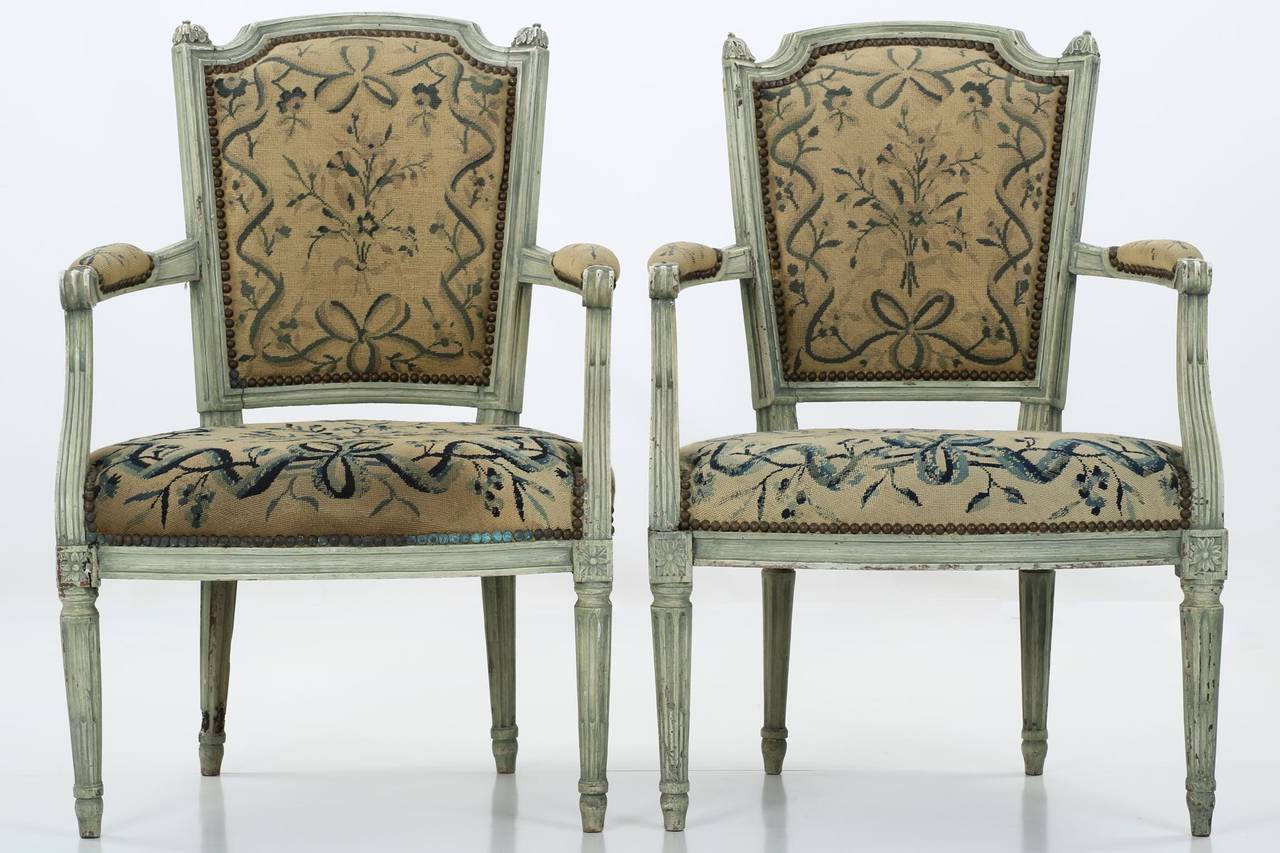 Pair of French Louis XVI Style Painted Antique Fauteuil Armchairs, 19th Century