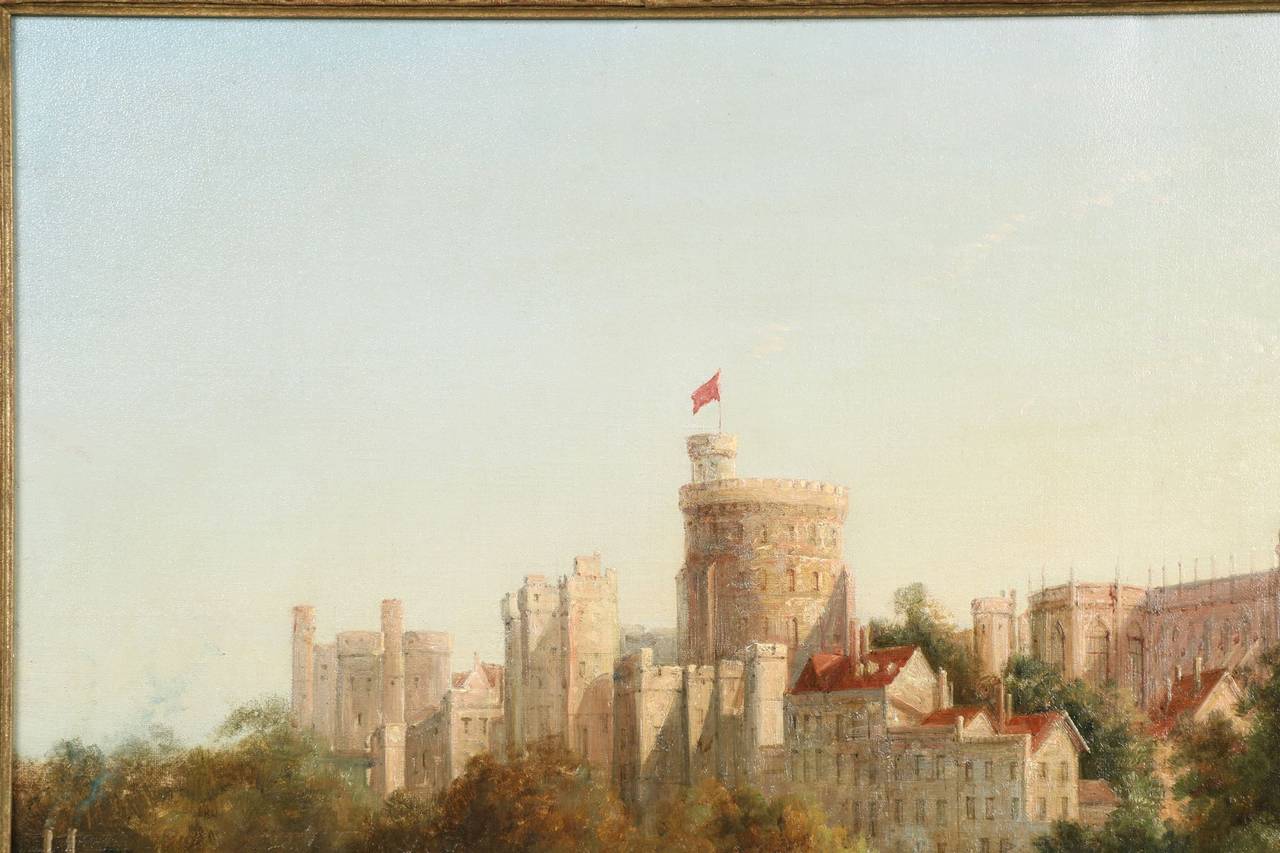 A bright and vibrant work, this beautiful painting captures an interesting perspective on the Windsor castle in the last quarter of the 19th century.  The colors are warm and inviting as the glow of morning is evident in the sleepy shadows cast