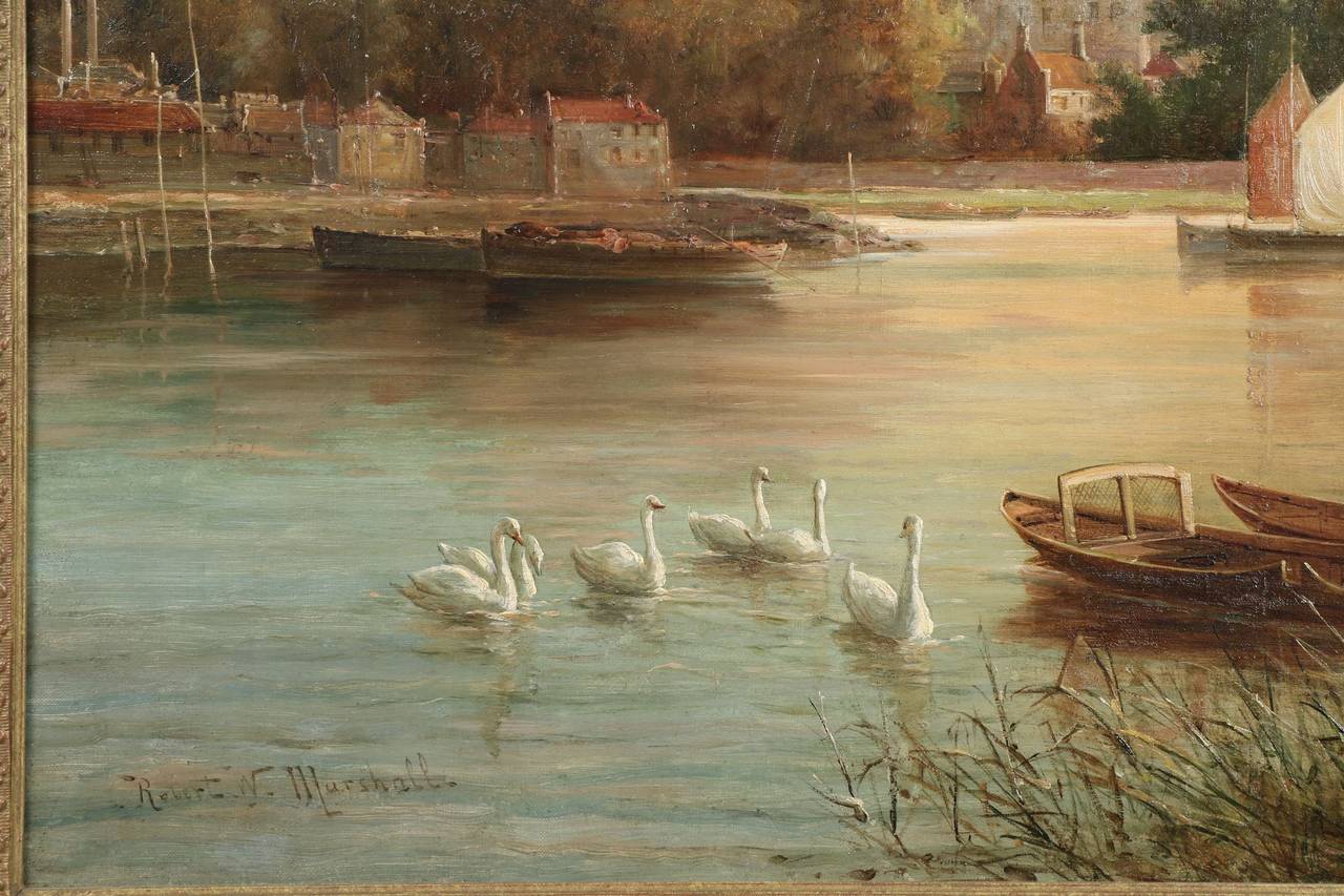 Romantic English Antique Landscape Painting of Windsor Castle from Thames, circa 1880