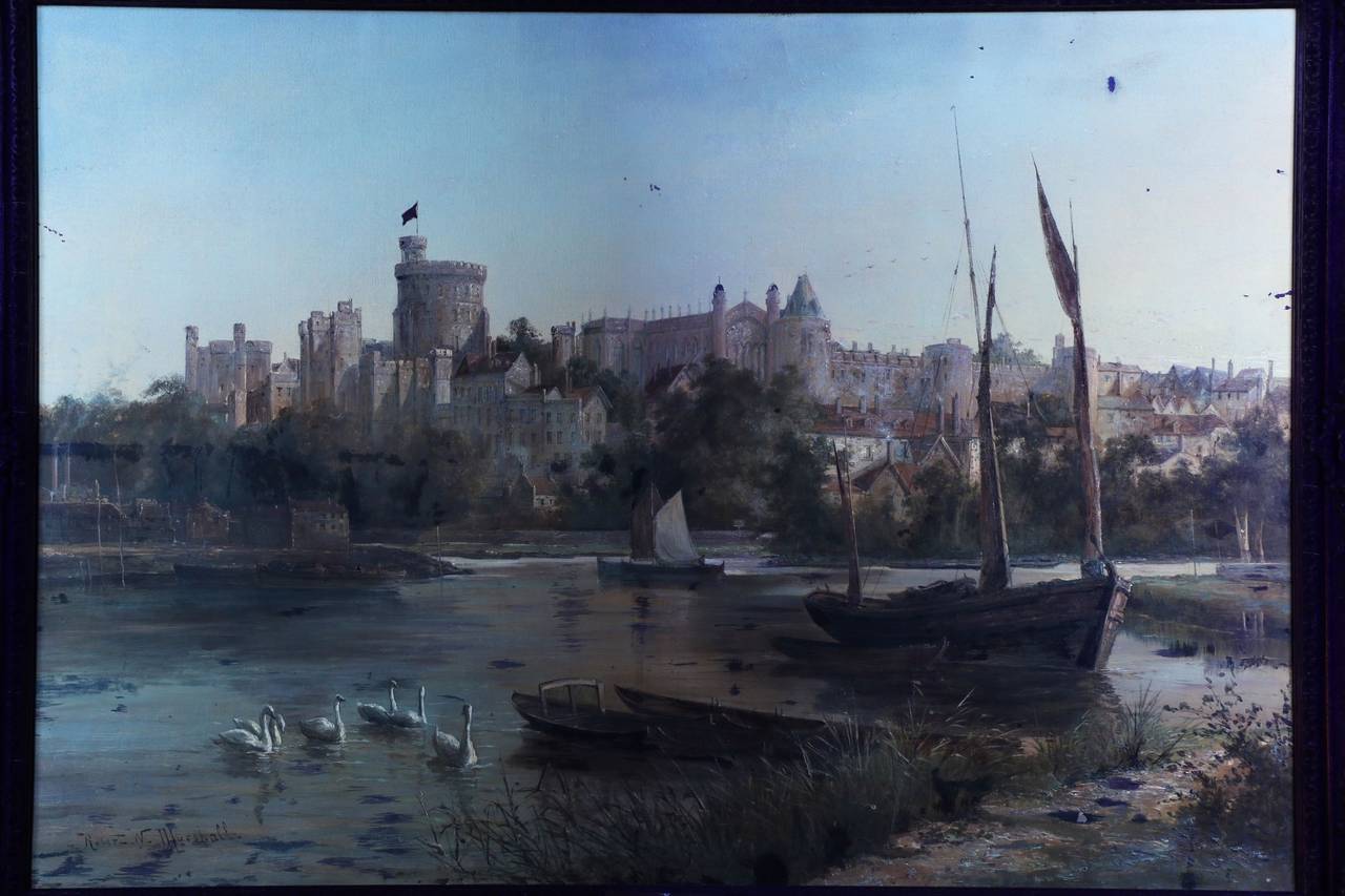 English Antique Landscape Painting of Windsor Castle from Thames, circa 1880 1