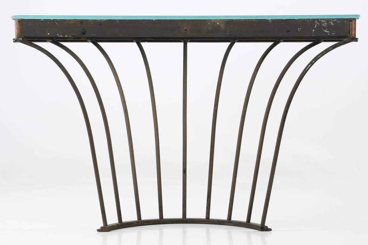 Frosted Art Deco Wrought Iron and Patinated Copper Demilune Console Table