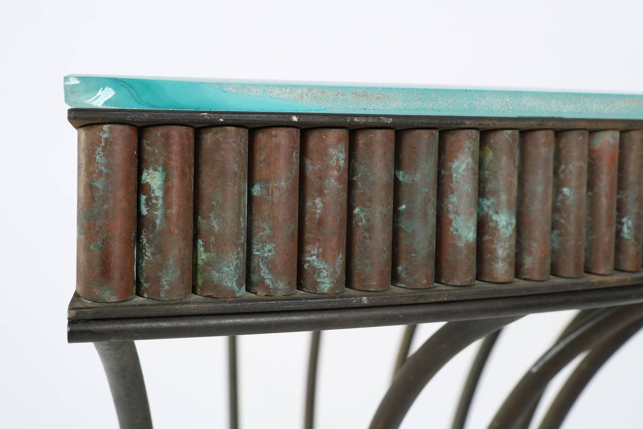 20th Century Art Deco Wrought Iron and Patinated Copper Demilune Console Table