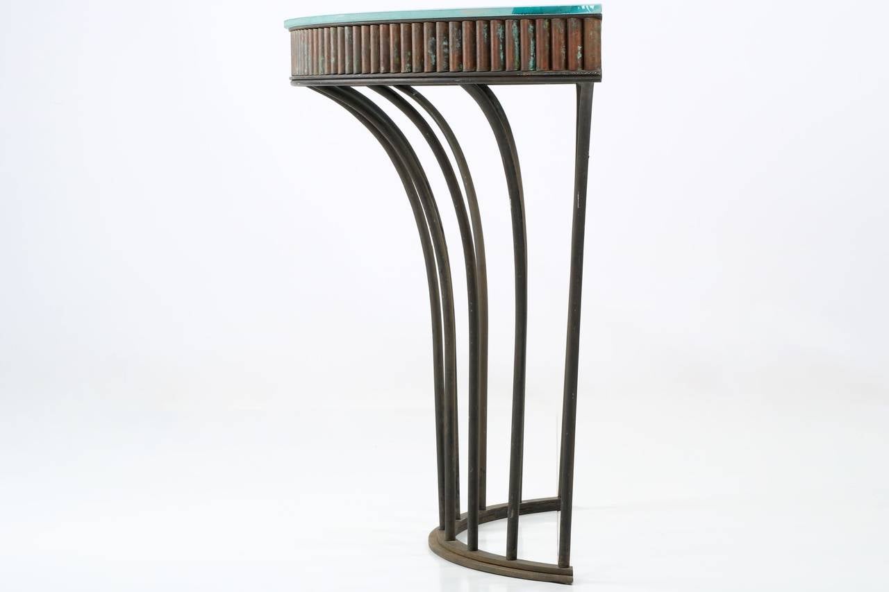 Art Deco Wrought Iron and Patinated Copper Demilune Console Table In Good Condition In Shippensburg, PA