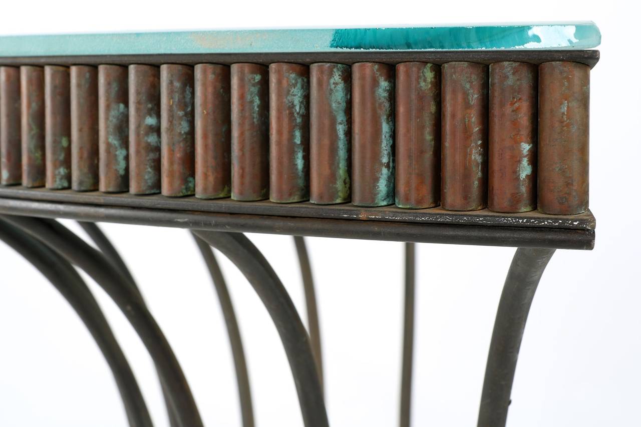 Art Deco Wrought Iron and Patinated Copper Demilune Console Table 2