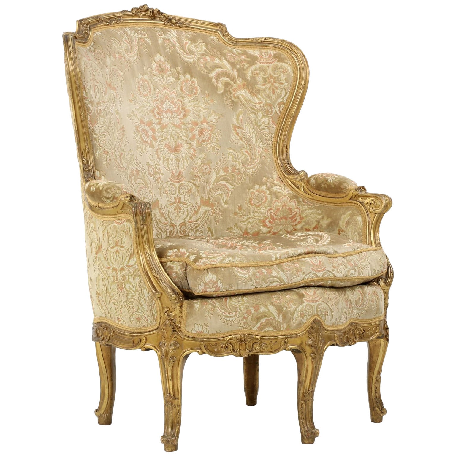 Louis XV Style Carved Giltwood Antique Bergere Armchair, circa 1870