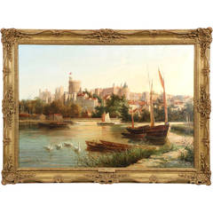 English Antique Landscape Painting of Windsor Castle from Thames, circa 1880