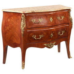 French Louis XV Style Parquetry Marble-Top Commode Chest of Drawers