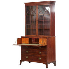 English George III Mahogany Antique Secretary Desk with Bookcase, circa 1790