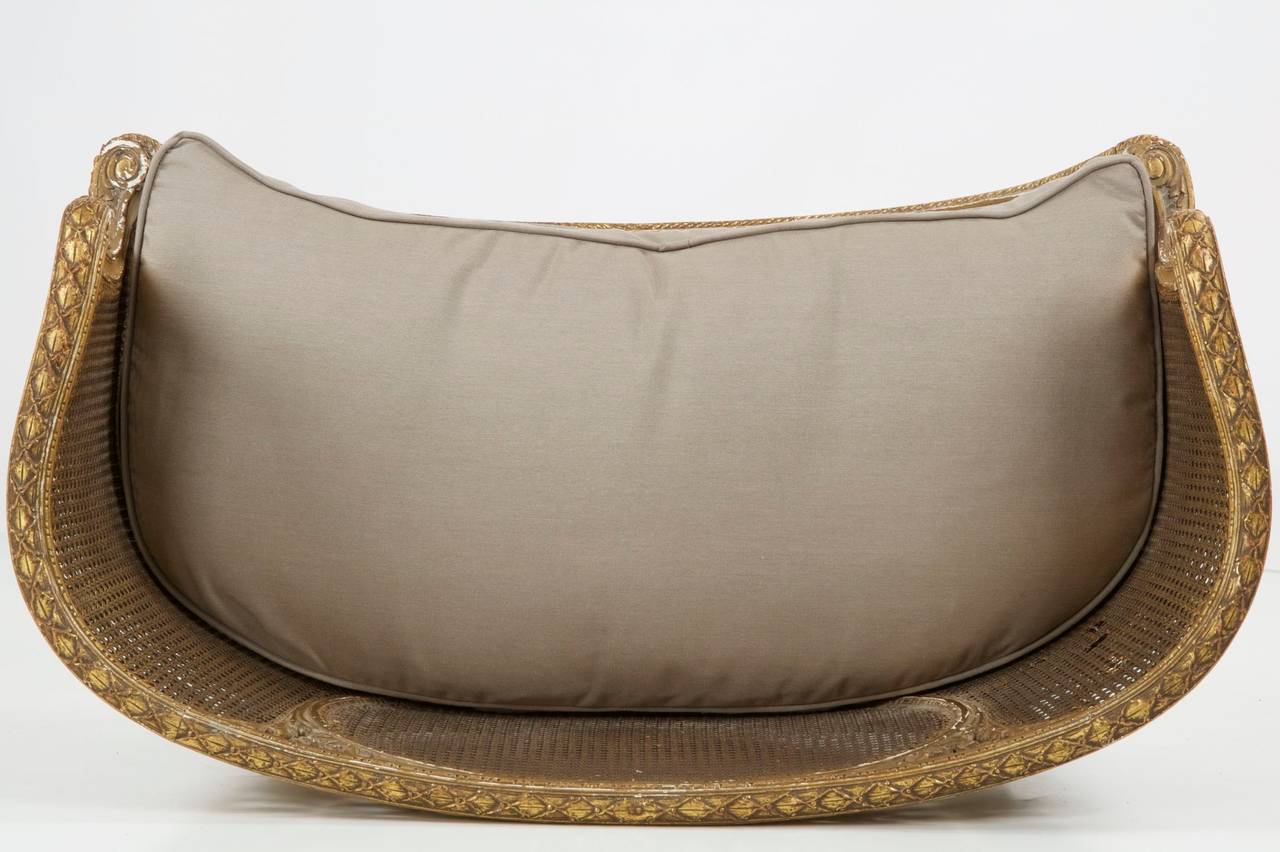 Linen Small French Louis XVI Style Giltwood Upholstered Settee or Marquise c. 1900
