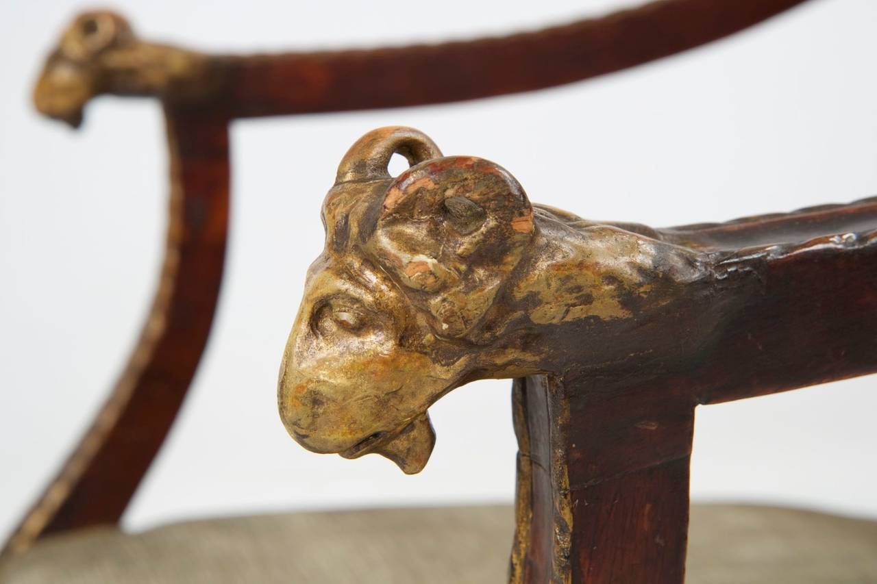Italian Neoclassical Antique Arm Chair with Carved Ram Heads, 19th Century 5