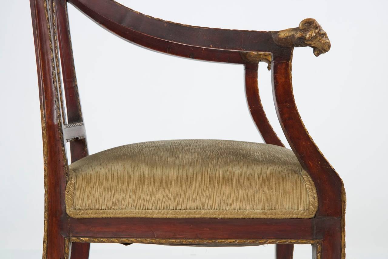 Italian Neoclassical Antique Arm Chair with Carved Ram Heads, 19th Century 4