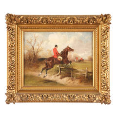 British School Antique Equestrian Oil Painting of Horse Hunt Scene, 19th Century