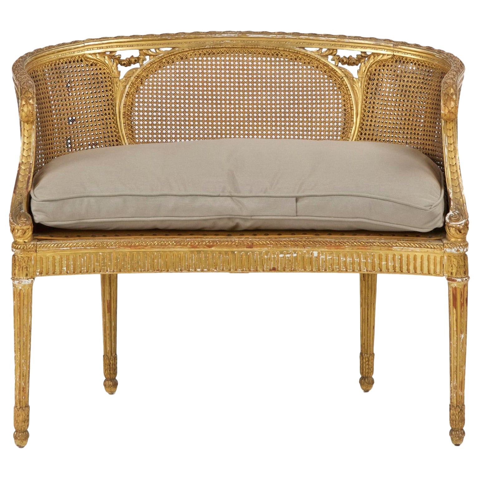 Small French Louis XVI Style Giltwood Upholstered Settee or Marquise c. 1900