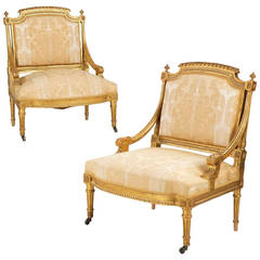 Pair of French Louis XVI Style Giltwood Slipper Armchairs, 19th Century