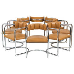 Eight Mid-Century Modern Chromed Tubular and Leather Dining Chairs
