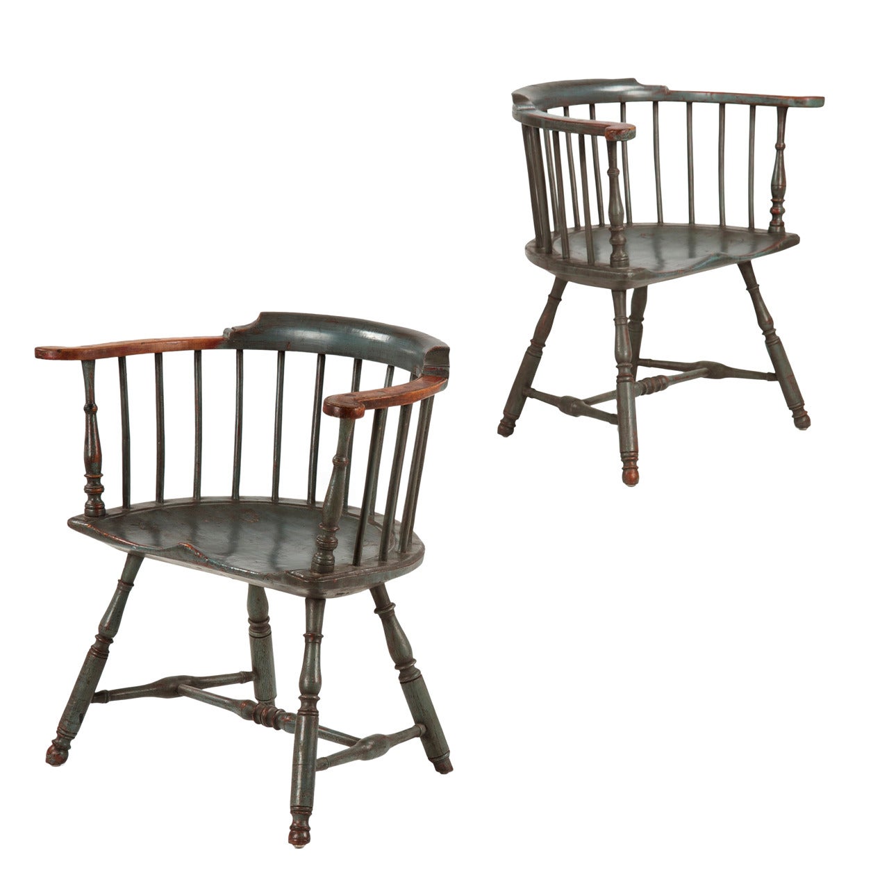 Pair of American Painted Lowback Windsor Antique Chairs, Early 20th Century