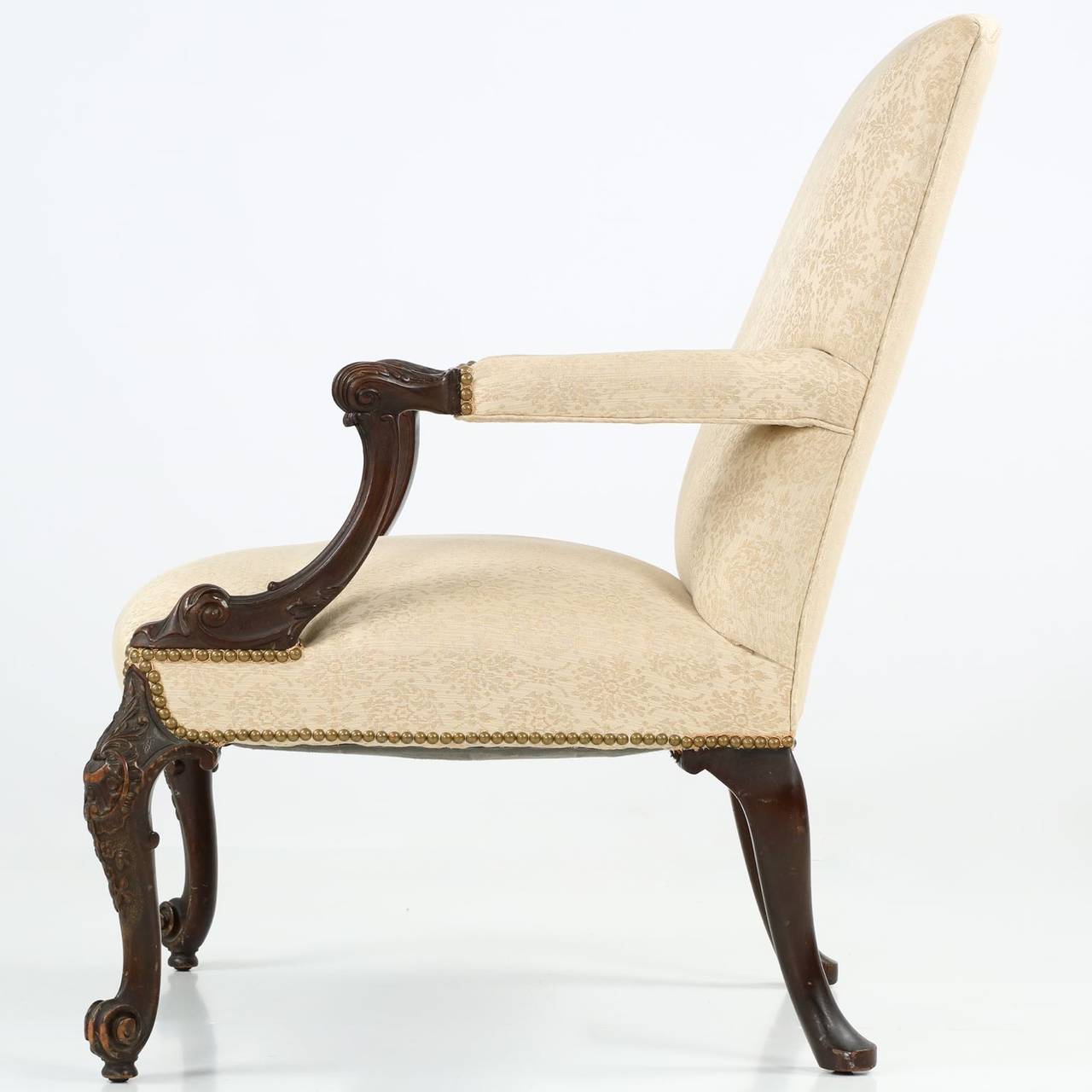 Carved English Chippendale Style Mahogany Open Arm Antique Chair, circa 1890