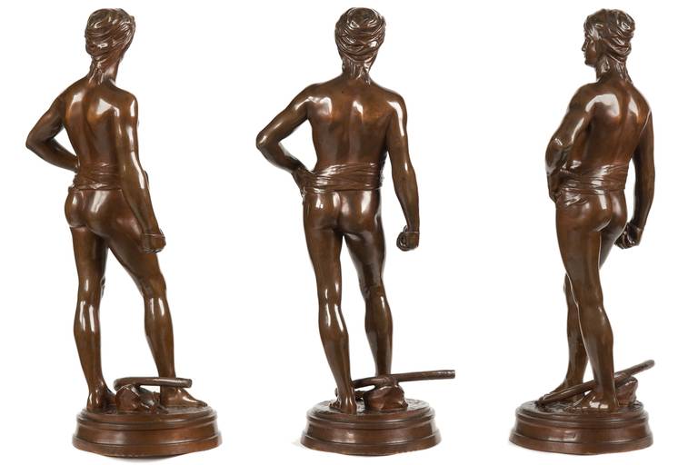 Romantic Antonin Mercié Bronze Sculpture of David Avant le Combat, Barbedienne