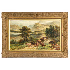 William Langley - Peinture à l'huile ancienne de vaches et de bétail au Loch Achray:: signée