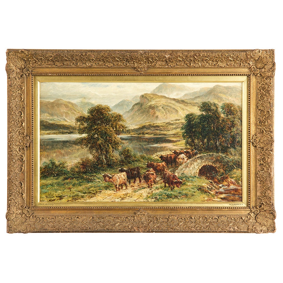 William Langley Antique Oil Painting of Cows Cattle at Loch Achray, Signed