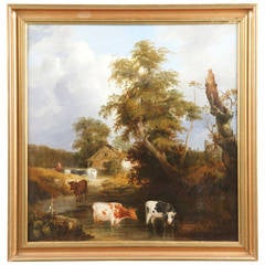 British School Landscape Painting of Cows at Stream by Farm, 19th Century