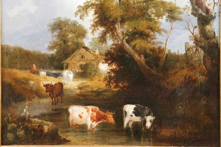 British School Landscape Painting of Cows at Stream by Farm, 19th ...