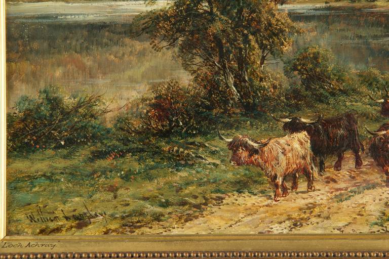 19th Century William Langley Antique Oil Painting of Cows Cattle at Loch Achray, Signed