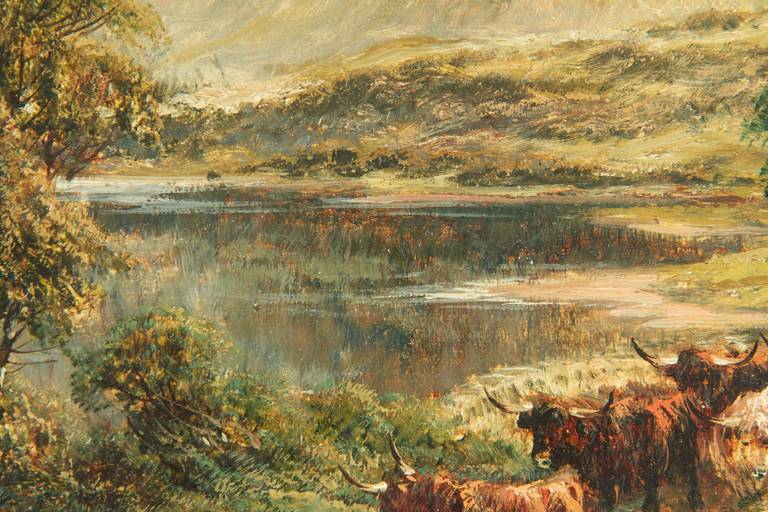 William Langley Antique Oil Painting of Cows Cattle at Loch Achray, Signed In Excellent Condition In Shippensburg, PA