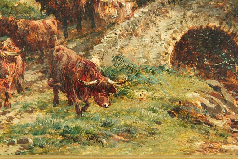 William Langley Antique Oil Painting of Cows Cattle at Loch Achray, Signed 1