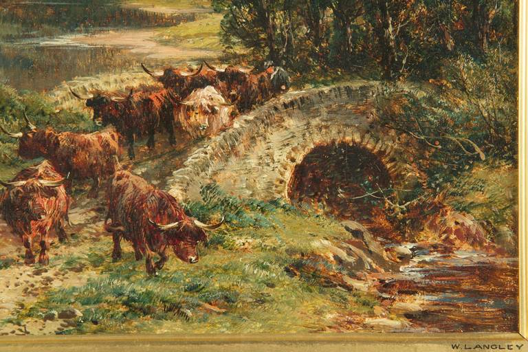 Canvas William Langley Antique Oil Painting of Cows Cattle at Loch Achray, Signed
