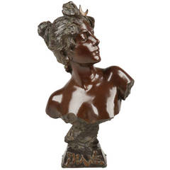 Emmanuel Villanis French Bronze Bust Sculpture of Diane c. 1900