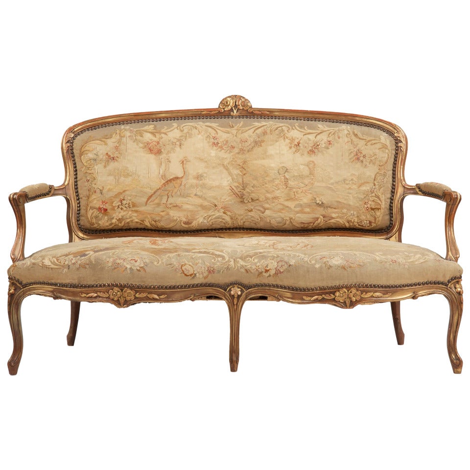 Fine Louis XV Style Aubusson Upholstered Antique Settee, 19th Century