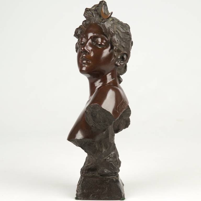 Emmanuel Villanis French Bronze Bust Sculpture of Diane c. 1900 1