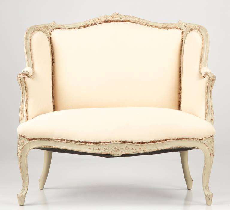 French Louis XV Style Distressed Painted Antique Settee Bergere Arm Chair